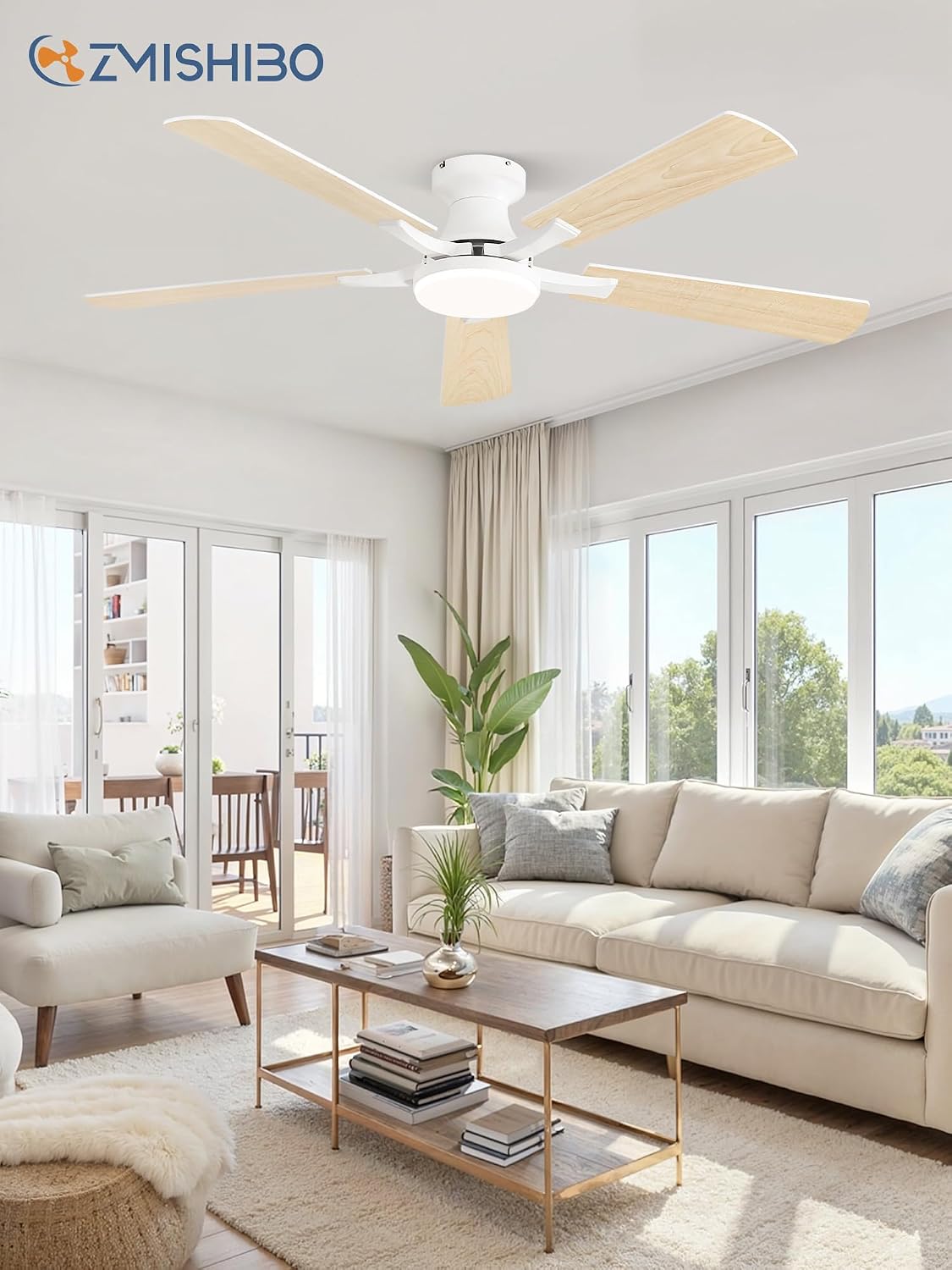ZMISHIBO 52 Inch Ceiling Fans with Lights, Remote&App Control, Flush Mount