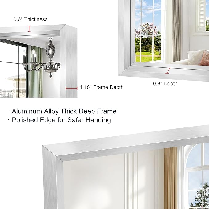 Silver Bathroom Mirror, 36 x 30 Inch Rectangular Wall Mirror 0.6" Thickened