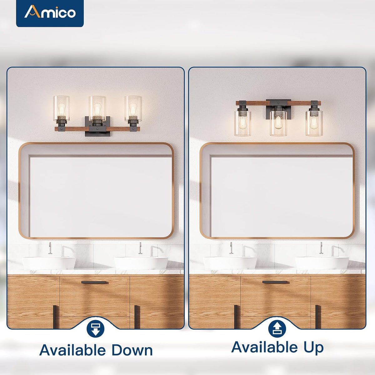 Amico 3-Light Farmhouse Bathroom Vanity Light, Seeded Glass, Black & Wood