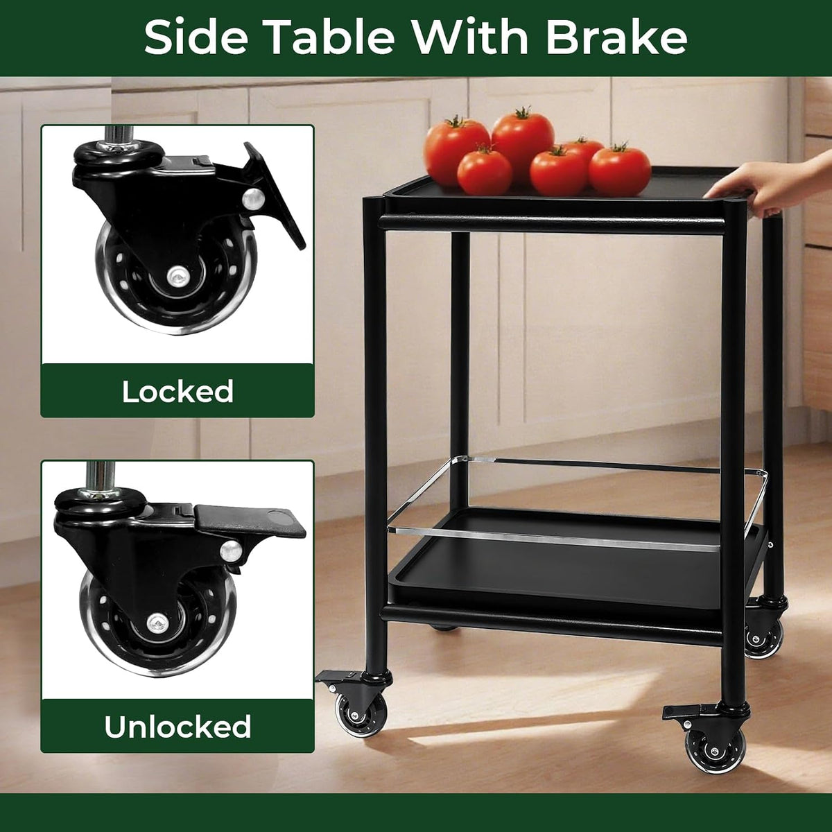 Acacia Wood Rolling Side Table, 2-Tier with Lockable Wheels & Removable T...
