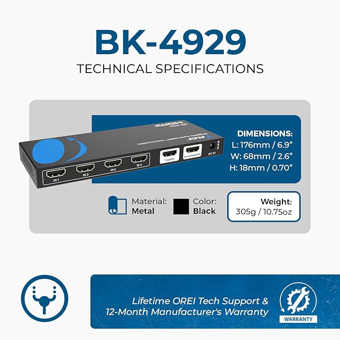 OREI 4-Port eARC 8K Audio Extractor 4x1 Switch