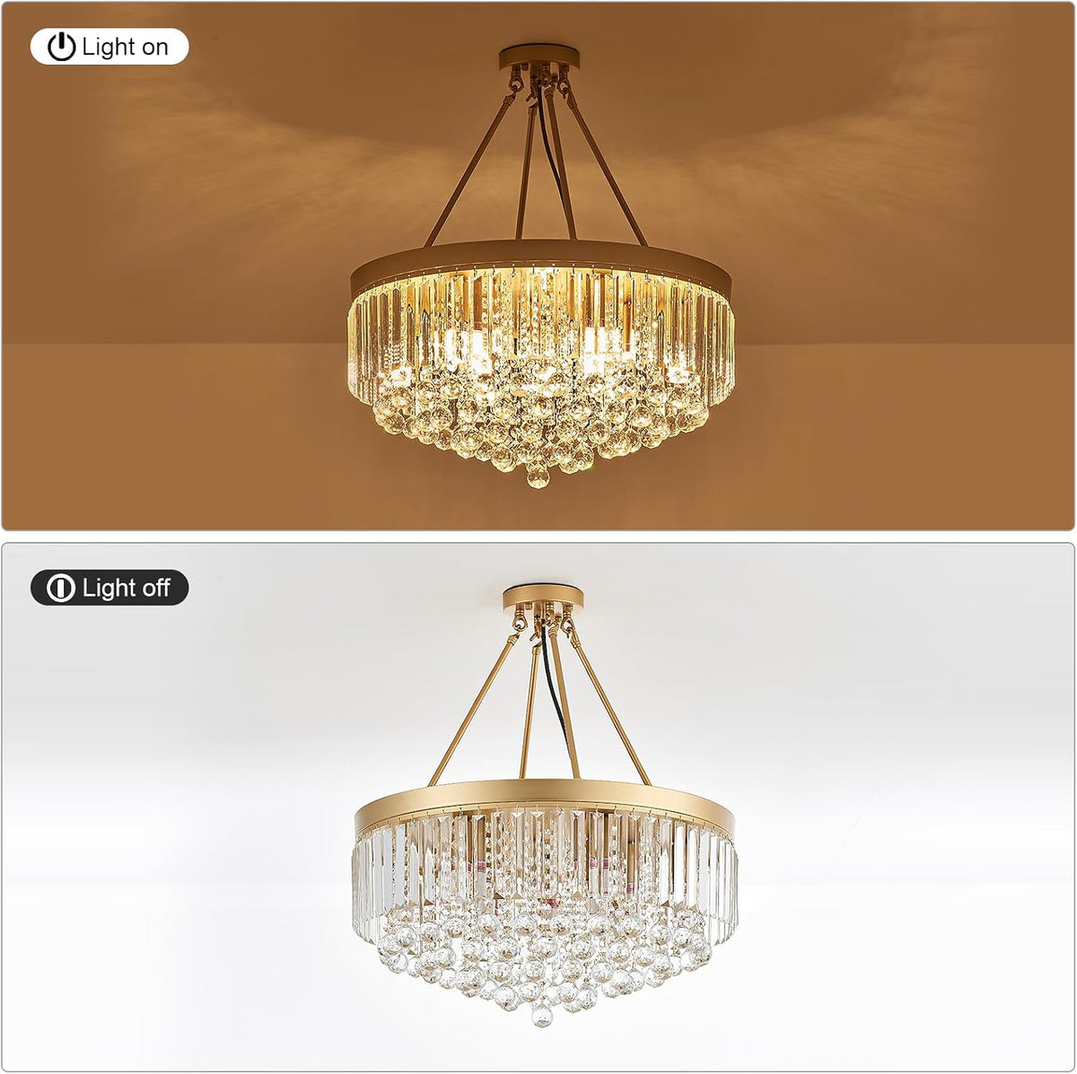 9-Light Gold Crystal Chandelier Contemporary 22'' Modern Semi Flush M...