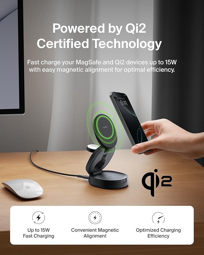 Belkin MagSafe Charger Compatible, 3-in-1 Qi2 15W Wireless Charging Station