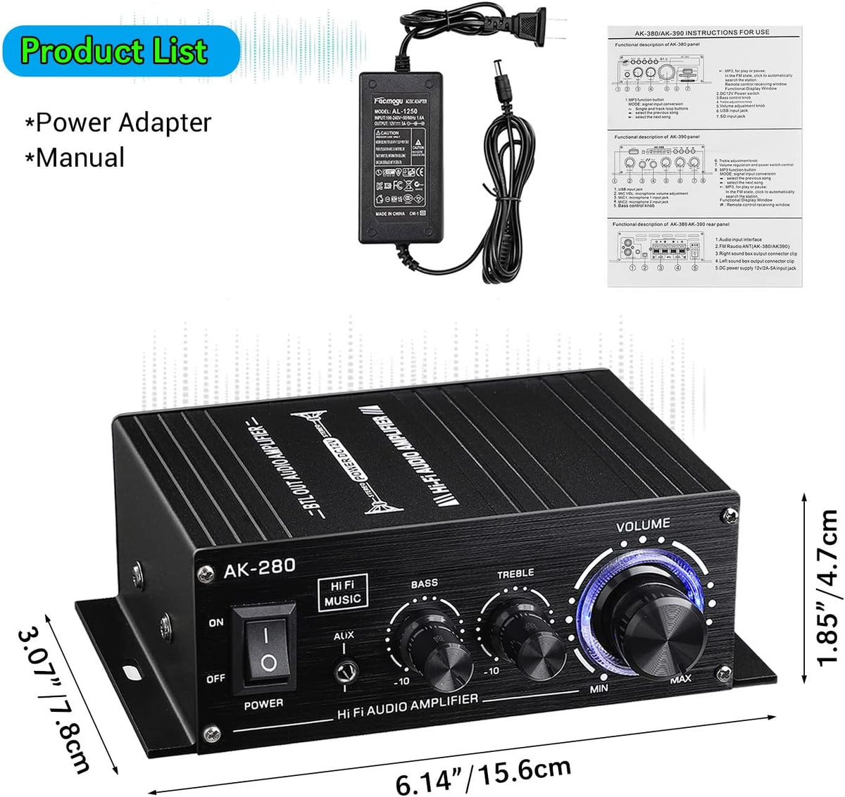 Facmogu AK280 200W Mini 2.0 CH Audio Power Amplifier, Speaker Amp Receiver