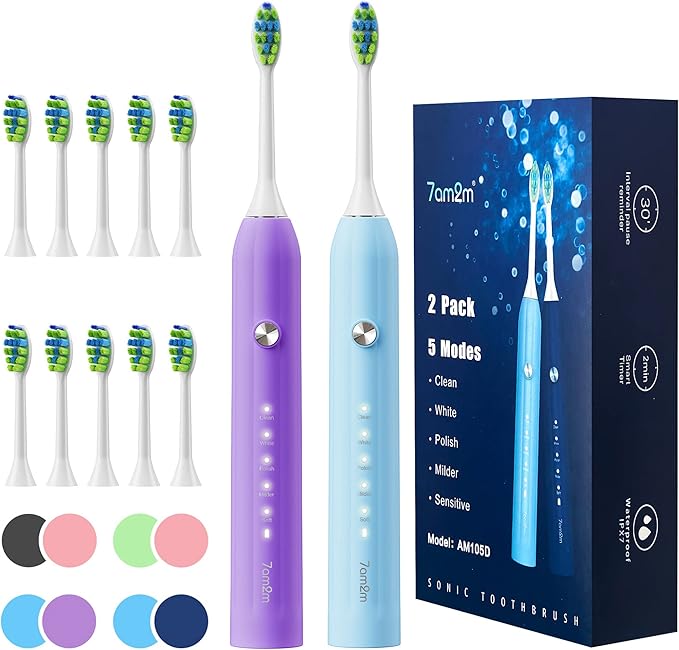 7AM2M Rechargeable Sonic Electric Toothbrush 2 Pack, Soft Toothbrushes