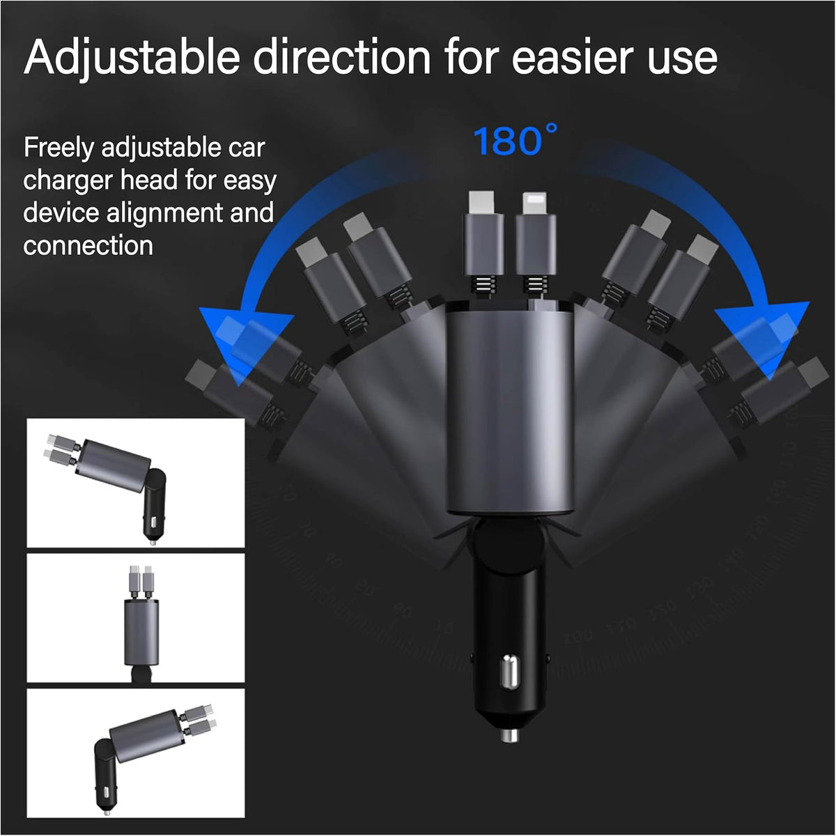 159W GaN 5-in-1 Retractable Car Charger, Dual Cig Lighter, 180° Adjust