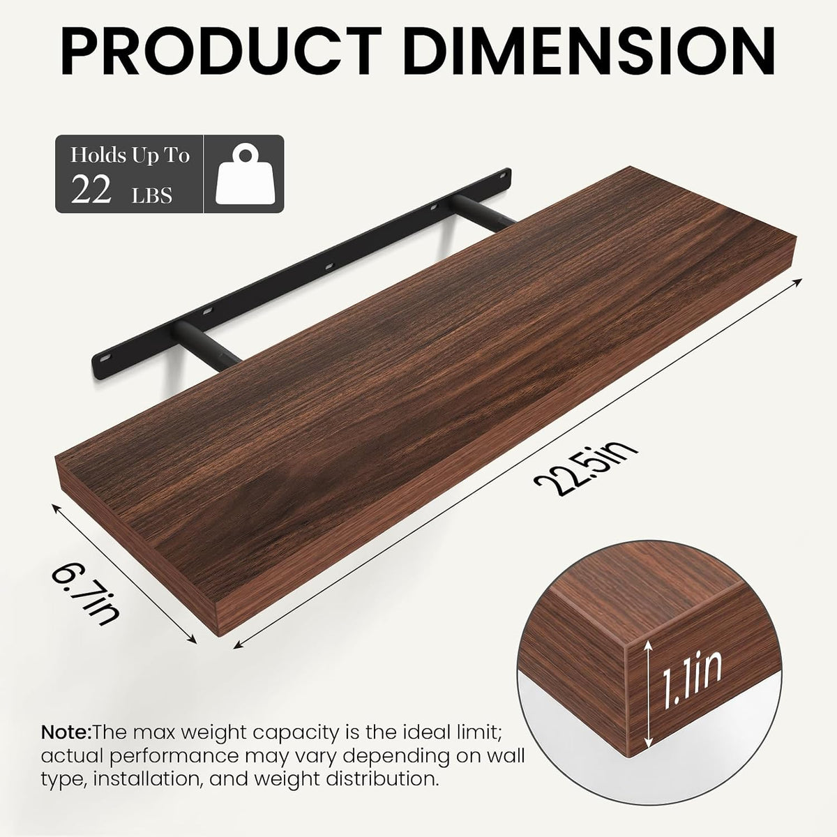 BAYKA Walnut-Like Floating Shelves 22.5in, 3Pack, Wall Mounted Wall Decor