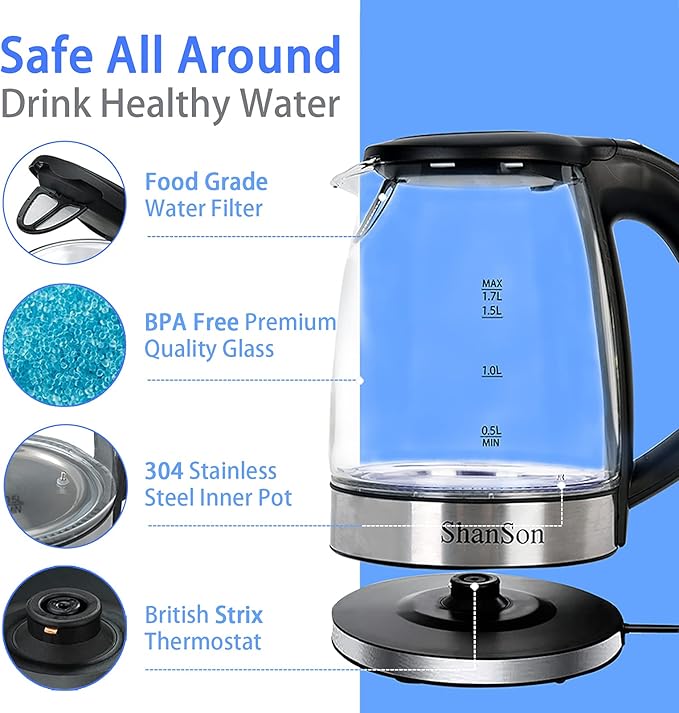 ShanSon 1.7L Electric Glass Kettle 1500W Temperature Control Fast Water Boiler