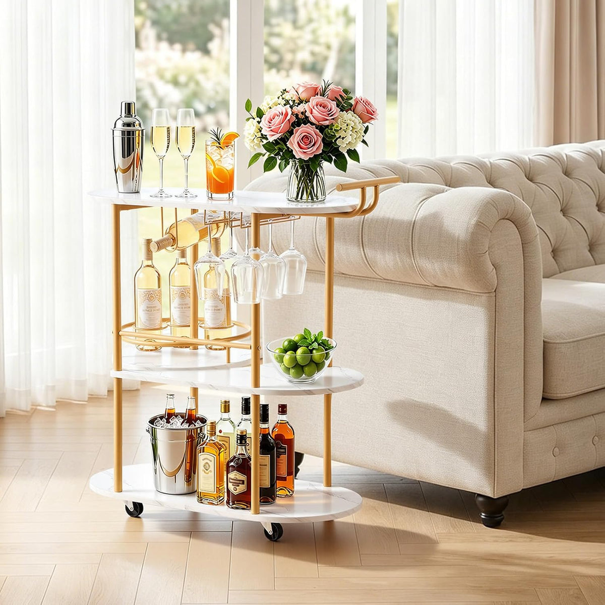 VEVOR Bar Cart, 3 Tiers Home Kitchen Serving Carts, Modern Round Rolling Util...