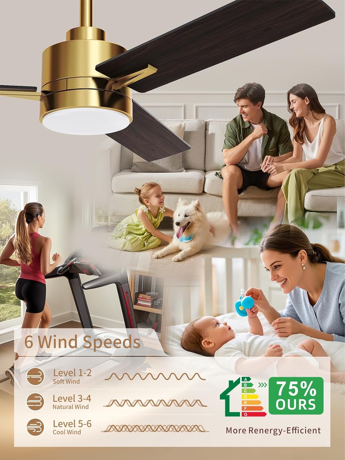 LANMEL Metal Ceiling Fan with Lights and Remote, 42 Inch, Gold & Black