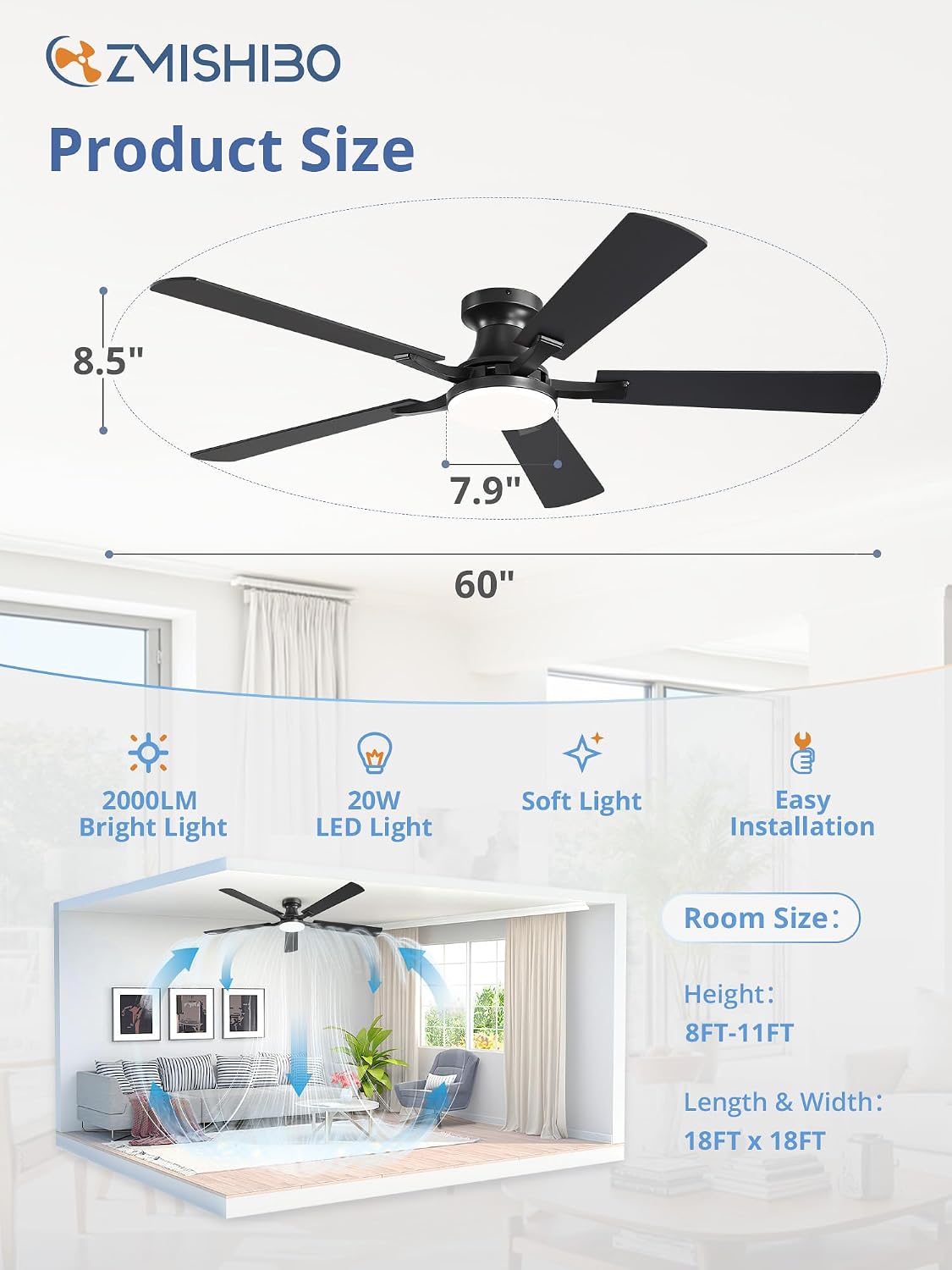 ZMISHIBO 60 Inch Ceiling Fans with Lights, Remote&App Control, Flush Mount