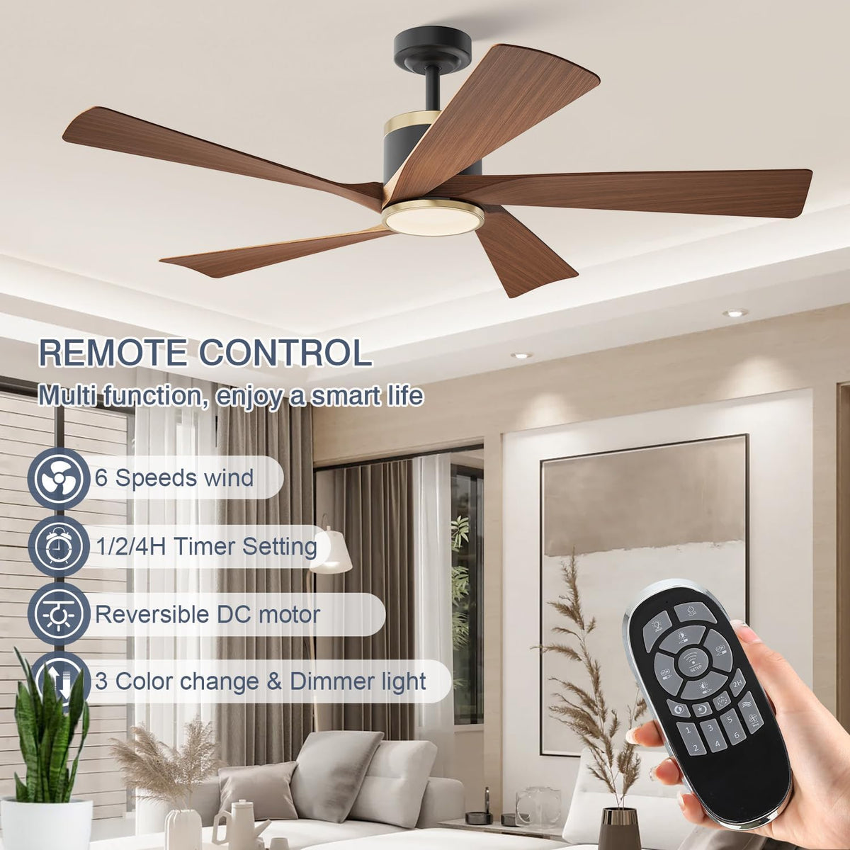 TXCSLY 52" Modern Walnut Ceiling Fan with Light & Remote, Indoor/Out...