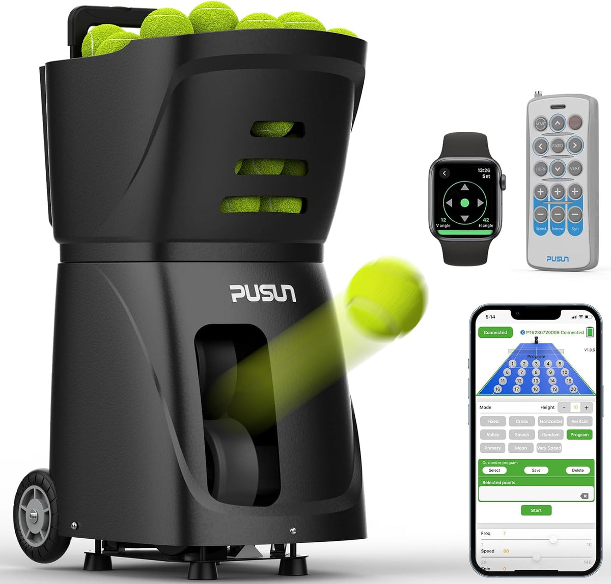 PT-SAMRT-Professional Tennis Ball Machine with App Control - 100+ Ball Capaci...