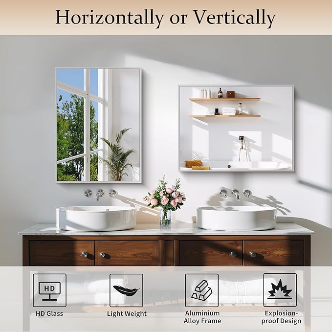 Silver Bathroom Mirror for Wall, 18x24 Inch Rectangle Mirror