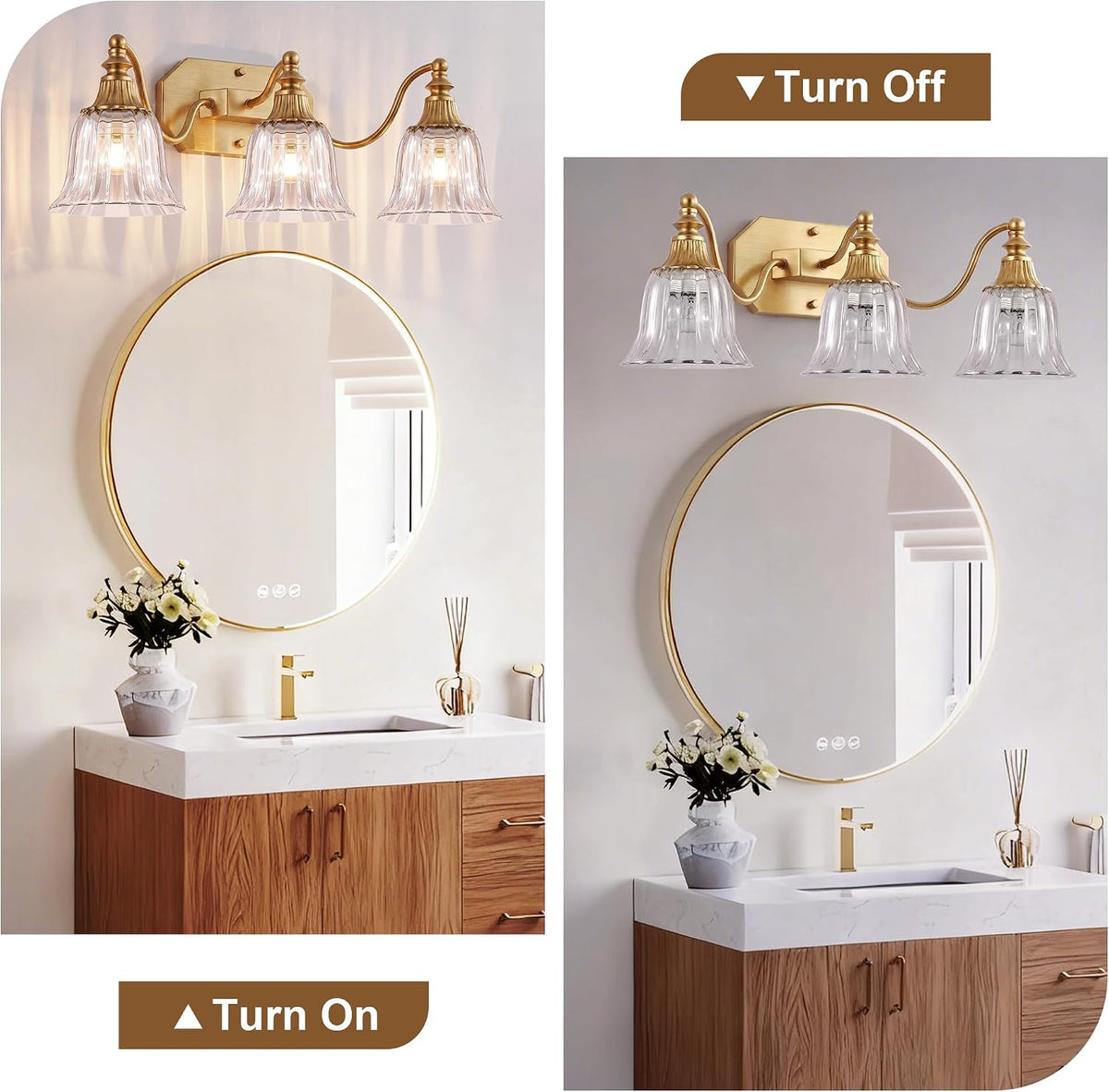Brushed Gold 3-Light Bathroom Light Fixtures, Vintage Vanity Lights