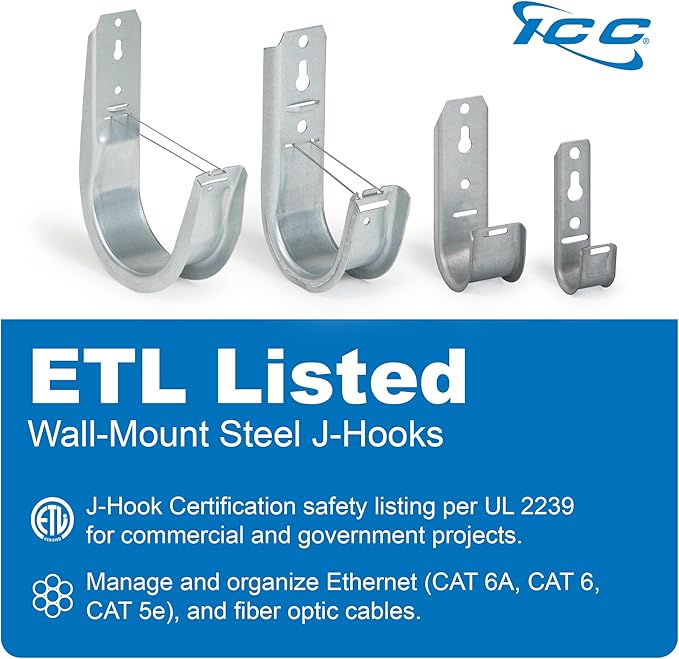 ICC 2-Inch Wall Mount J-Hook – 25-Pack, Cable Support Hooks