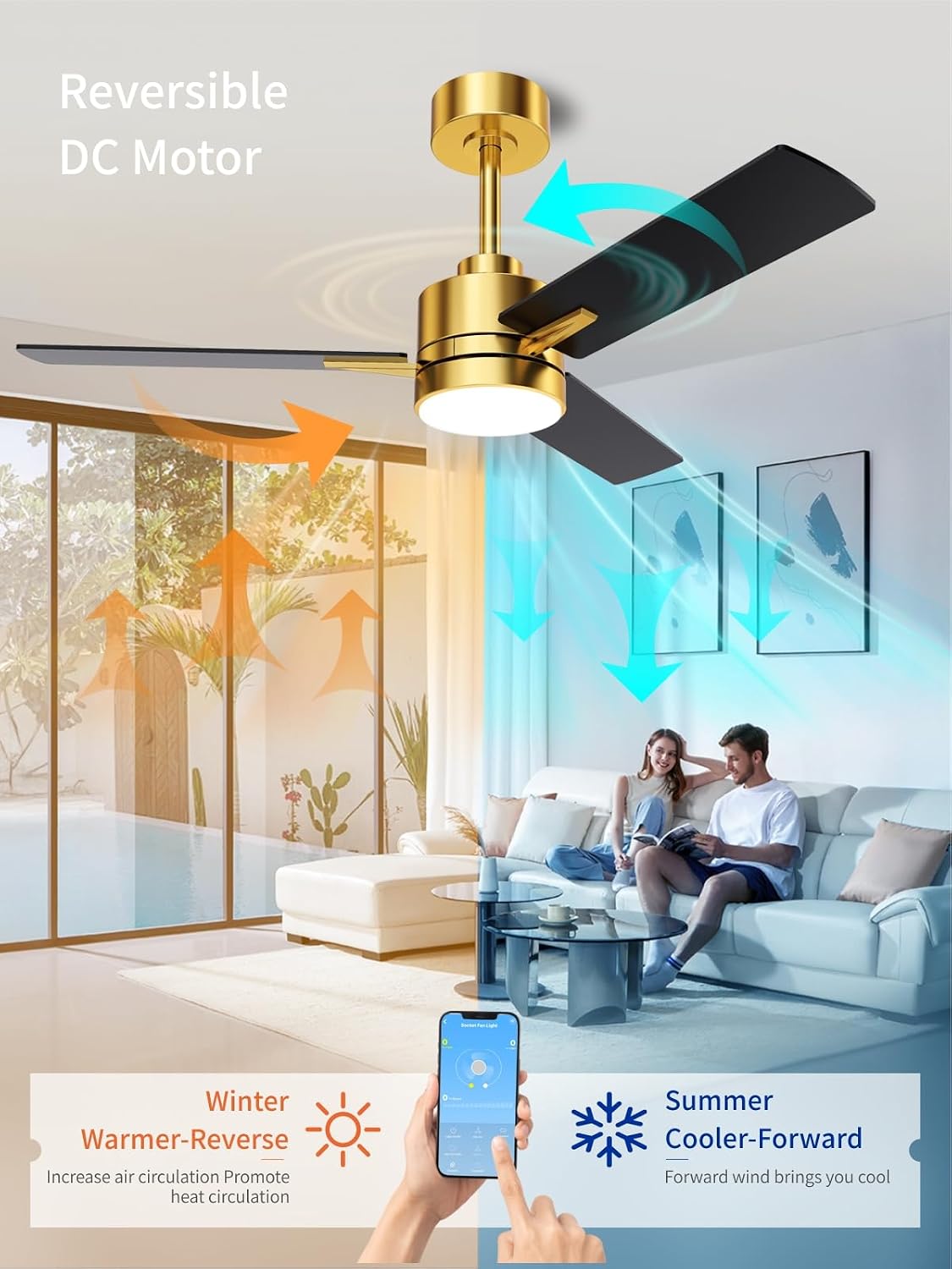 LANMEL Metal Ceiling Fan with Lights and Remote, 42 Inch, Gold & Black