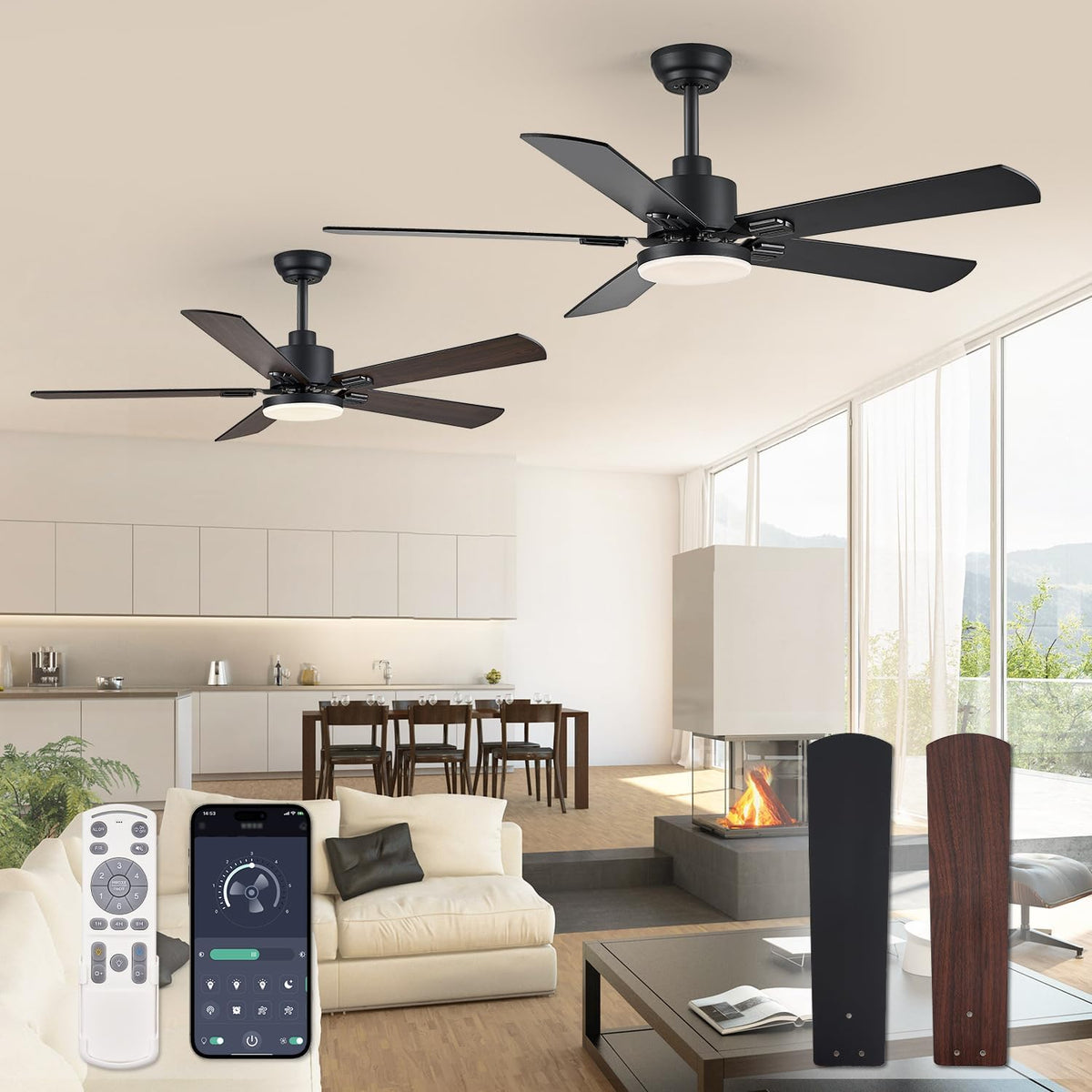 ZMISHIBO 2 Pack 52" Ceiling Fan with Light and Remote, Black Modern Indoor