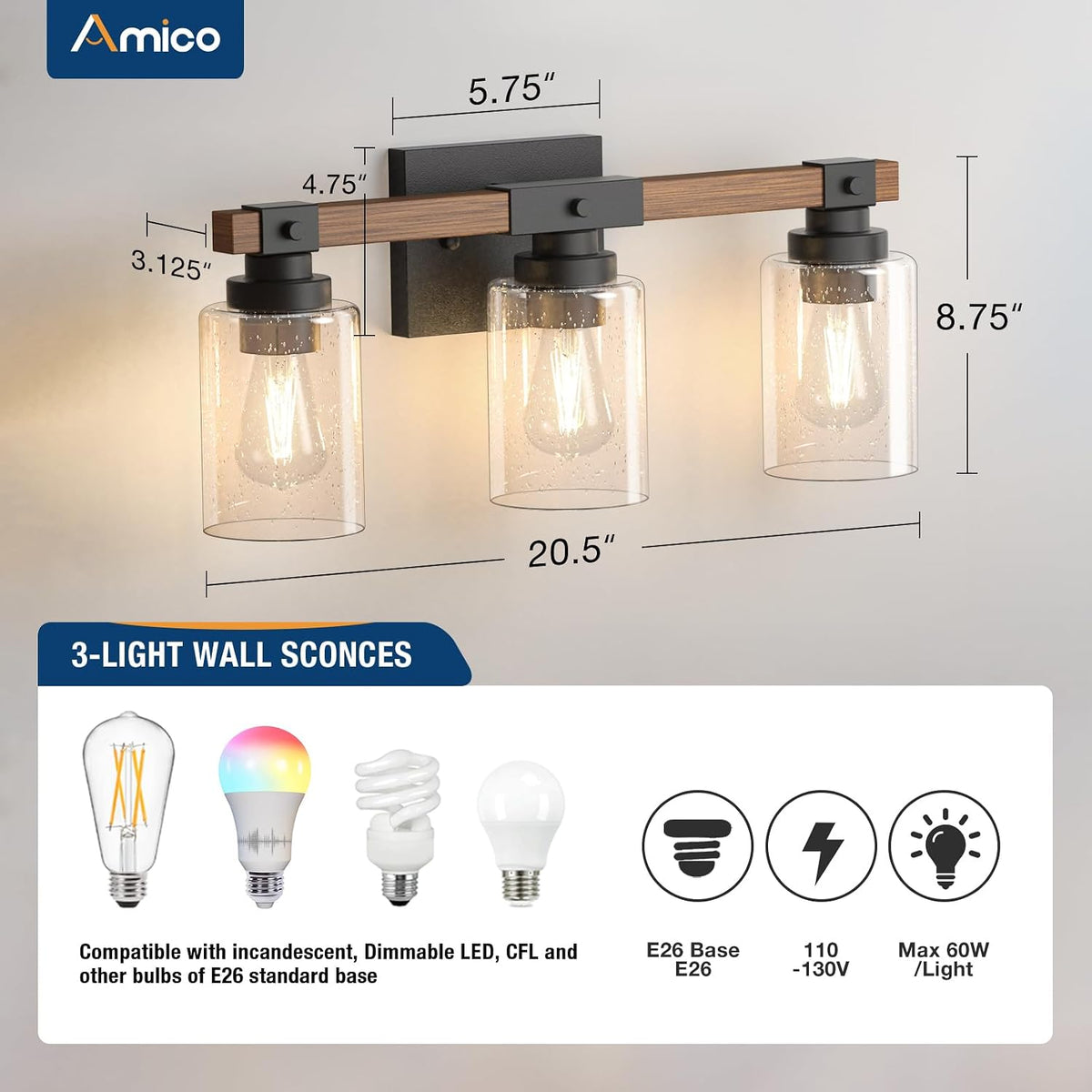 Amico 3-Light Farmhouse Bathroom Vanity Light, Seeded Glass, Black & Wood