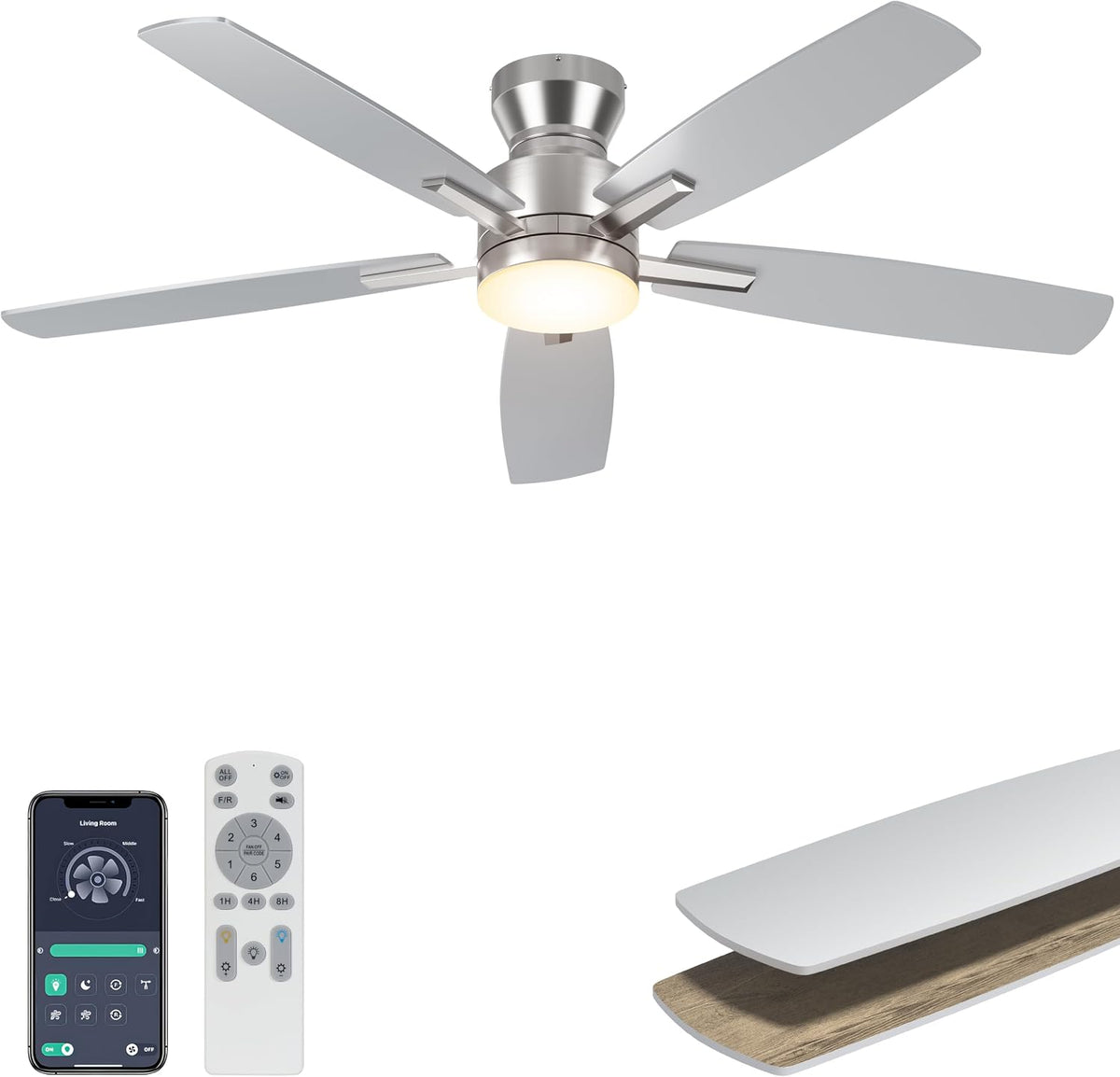 Ohniyou 52'' Silver Low Profile Ceiling Fan with Lights, Remote/APP C...