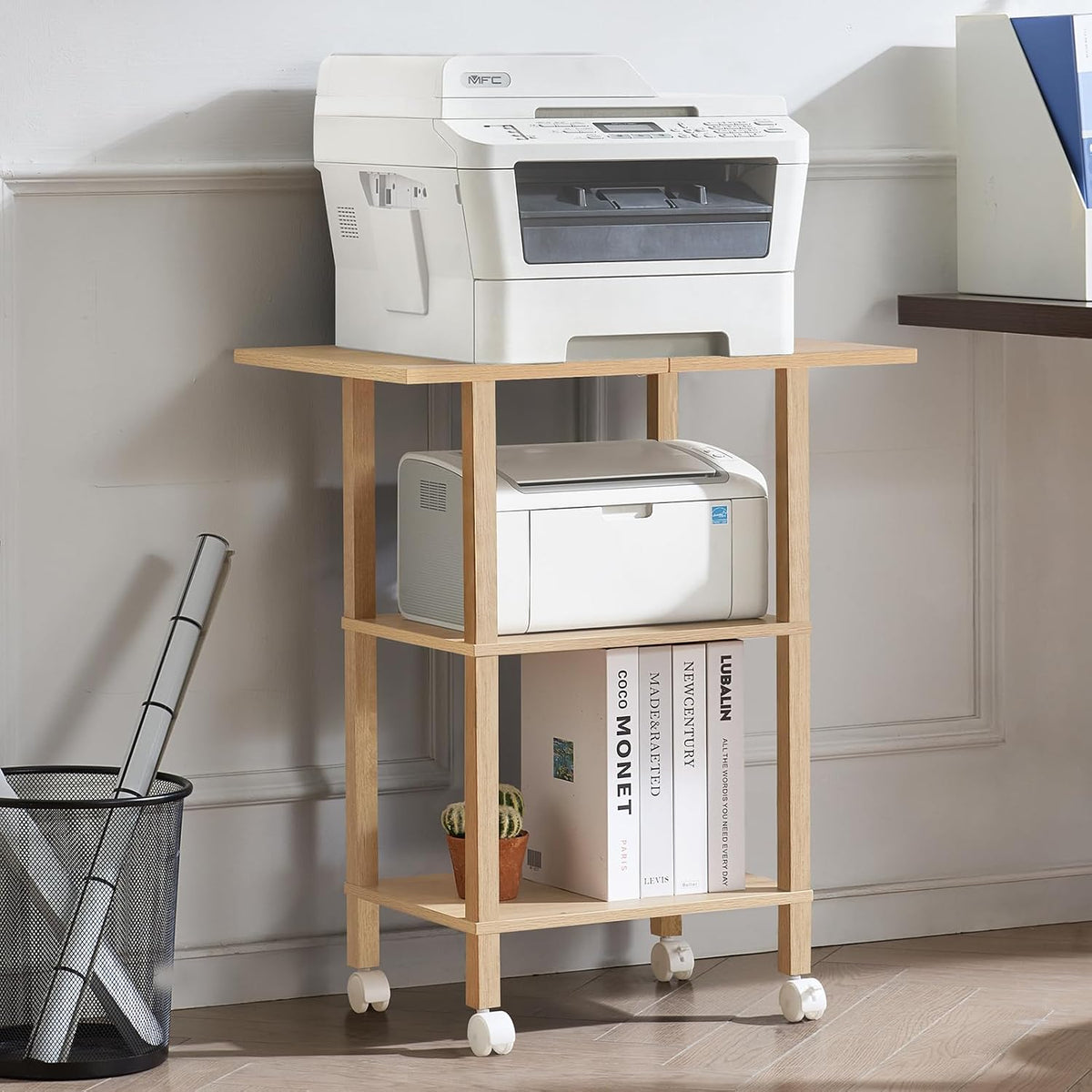 3 Tier Home Printer Stand with Storage, Natural