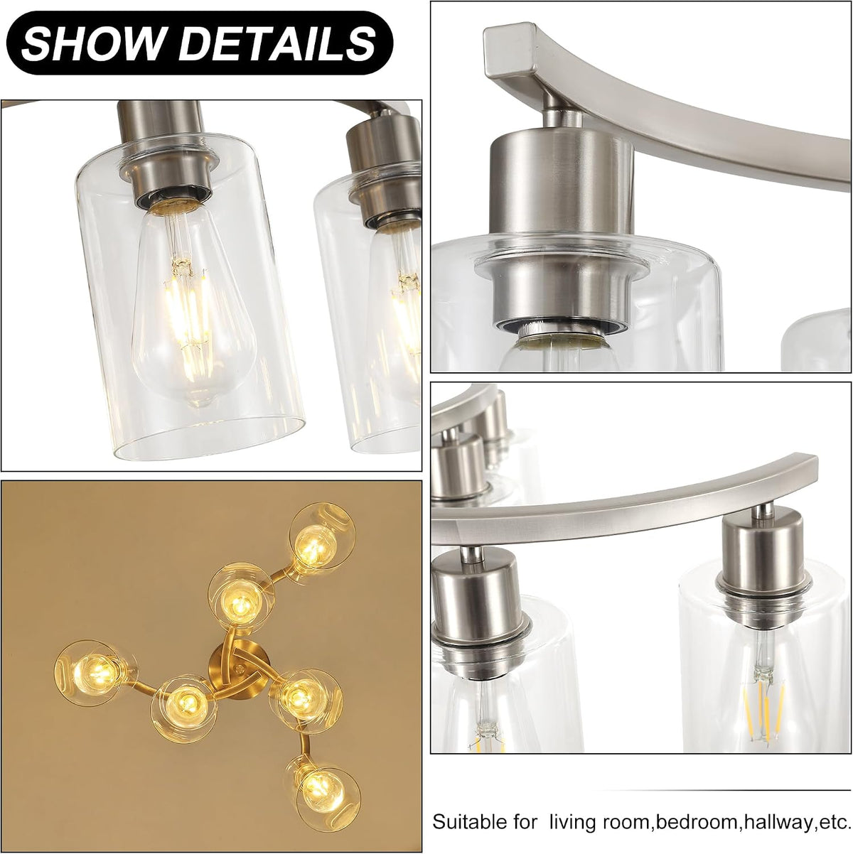 CNRATYE 6-Light Brushed Nickel Chandeliers for Dining Room Light Fixtures Ove...