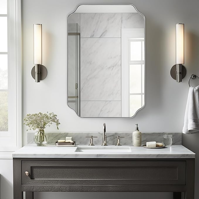 ANDY STAR Scalloped Bathroom Mirror, 24x36 Inch Brushed Nickel Rectangle Mirror