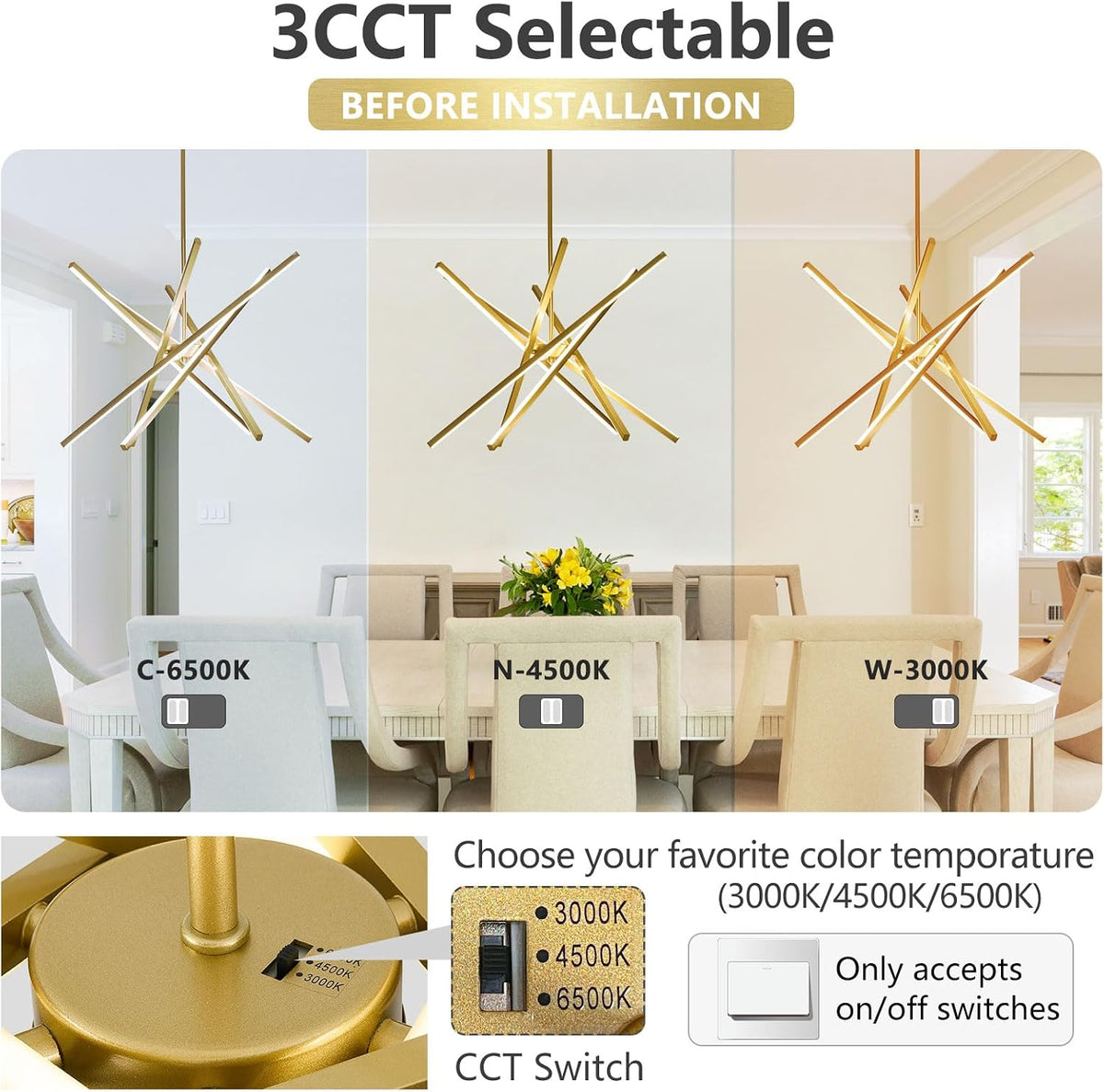 Modern LED Gold Chandelier Over Table, 3000K 4500K 6000K Dimmable
