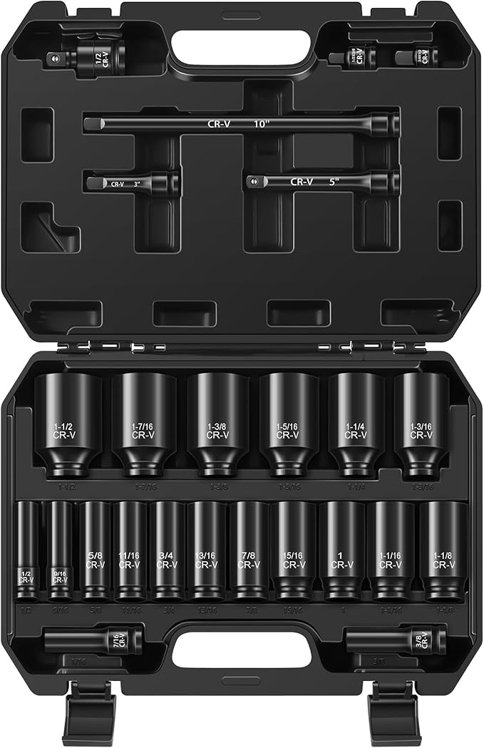 25-Piece 1/2" Drive Socket Set, Deep Sockets, Extension Bars, 1/2" ...