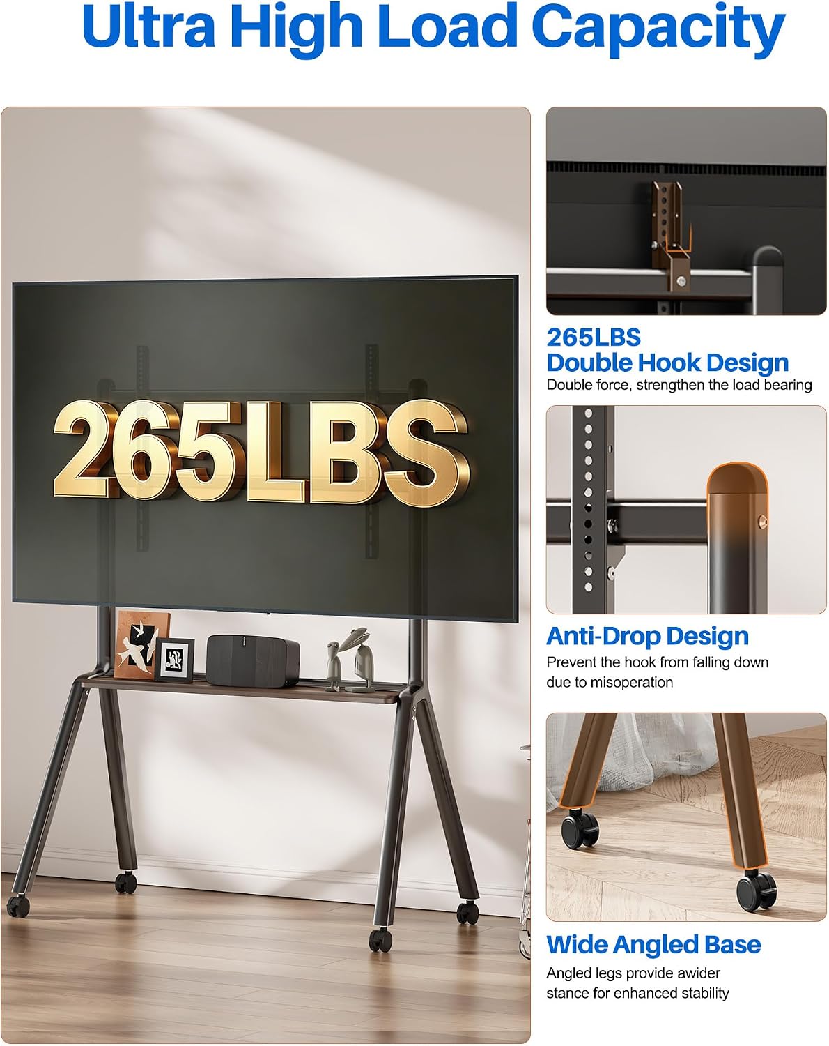 Rolling TV Stand for 55-100 Inch TVs,Mobile TV Cart Holds up to 265 lbs