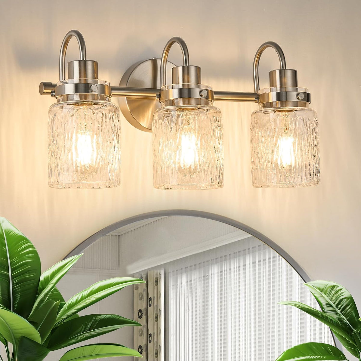 3 Lights Hammered Glass Bathroom Vanity Light,Brushed Nickel