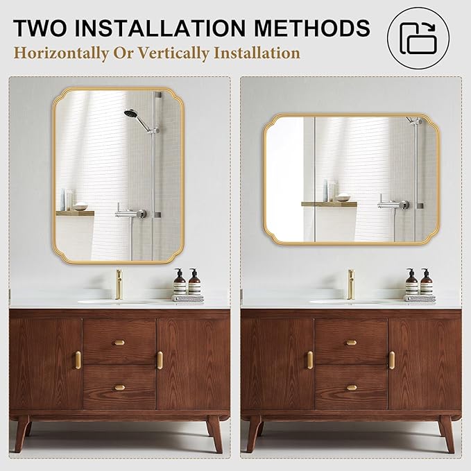 Gold Bathroom Vanity Mirror for Wall 24" x 36" Modern Rounded Recta...