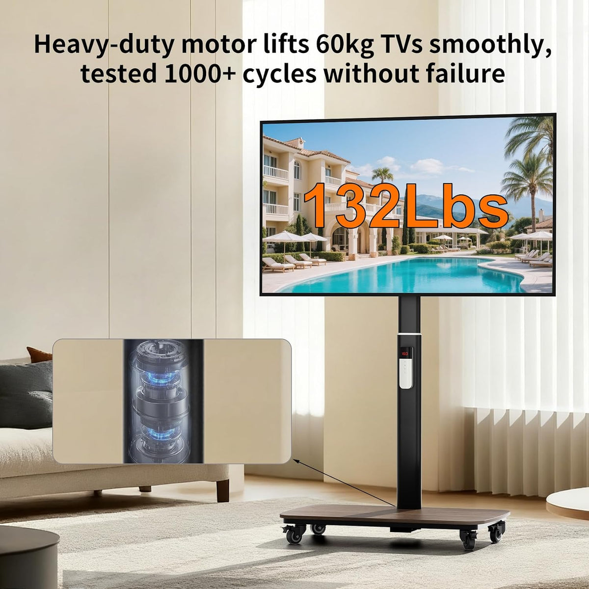 unho Motorized Floor TV Stand Electric Lift AV Cart Rolling with Mount