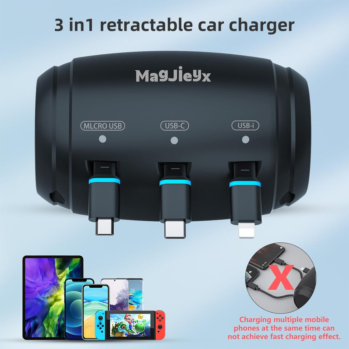 Multi Retractable Car Backseat Charging Station 3-in-1 Car Charger