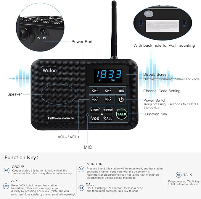 Wuloo Intercoms Wireless for Home 1 Mile Range 22 Channel 100 Digital Code (6...