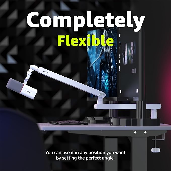 IXTECH White Microphone Boom Arm Stand Low Profile Boom Arm Adjustable Mic Stand