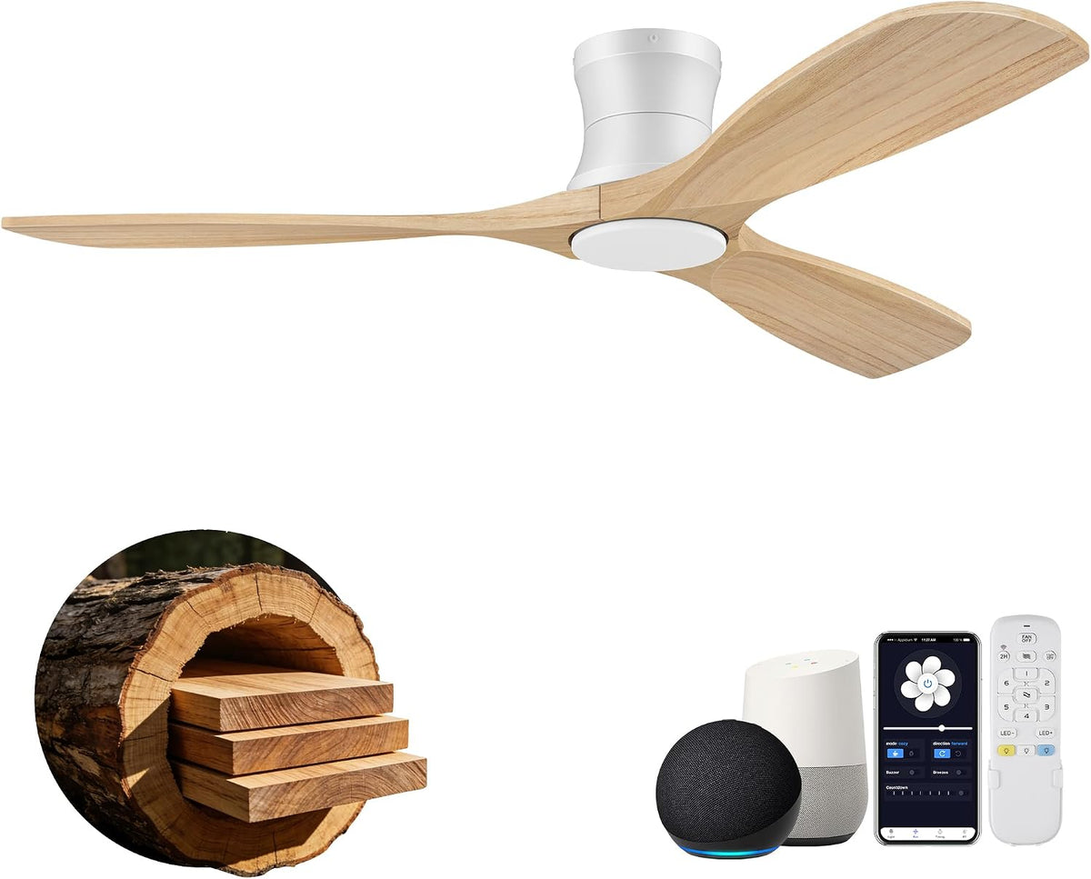 52" Wood Low Profile Ceiling Fans with Lights Remote,Flush Mount,Smart