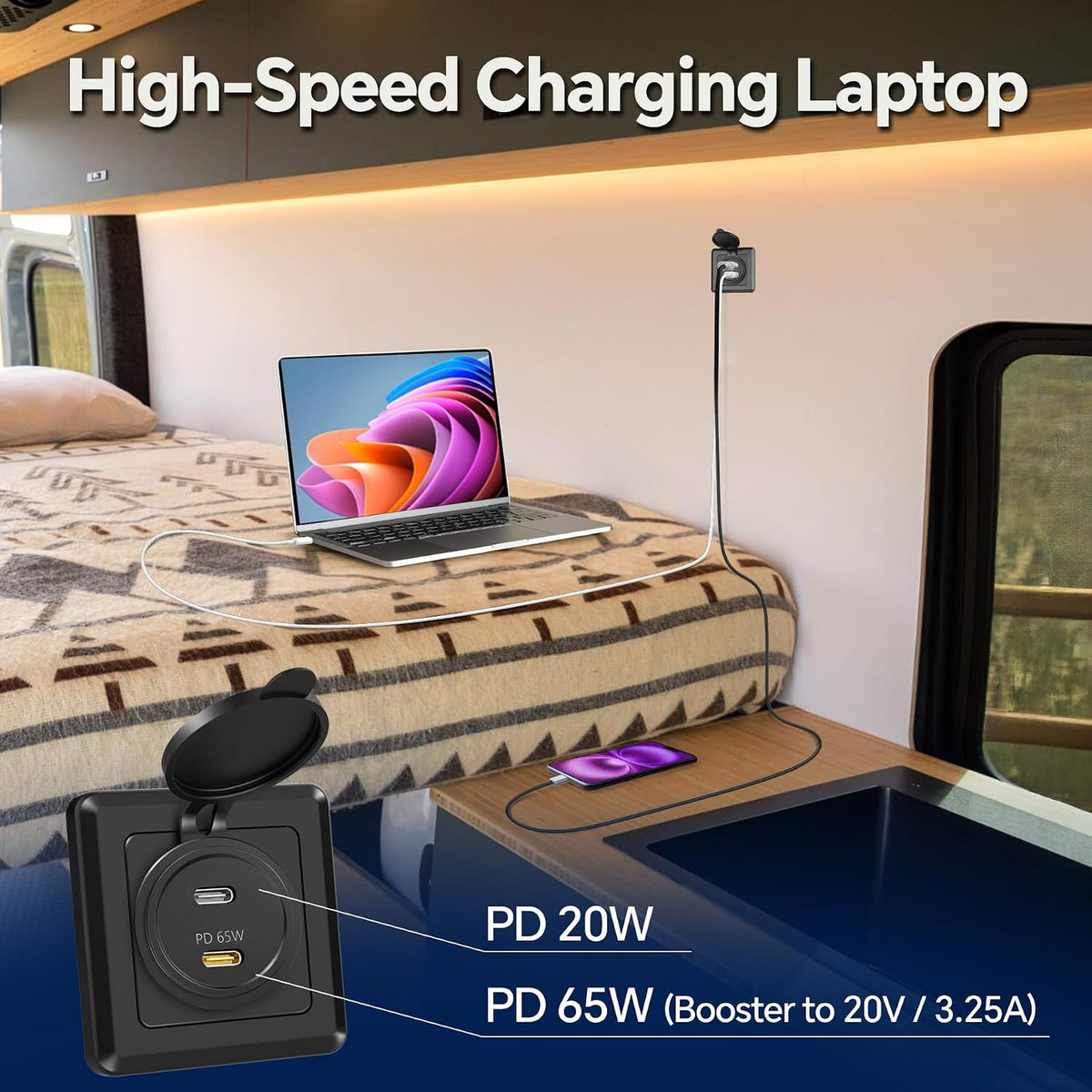 RV Dual USB C Outlet, 65W and 20W PD 3.0 USB Charging Station, 12V USB Charge...