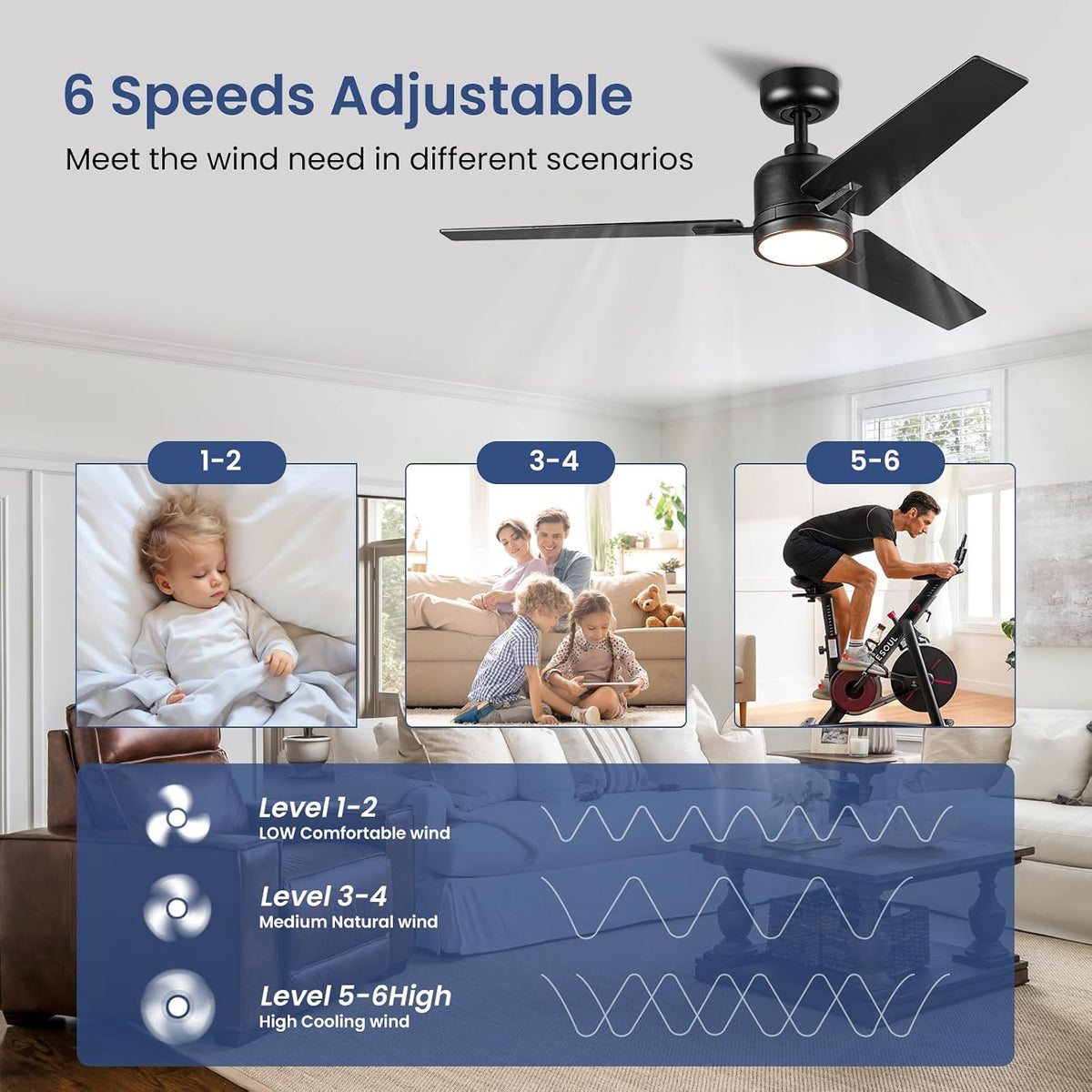 Newday 48 Inch Black Ceiling Fans with Light, Remote, Reversible DC Motor