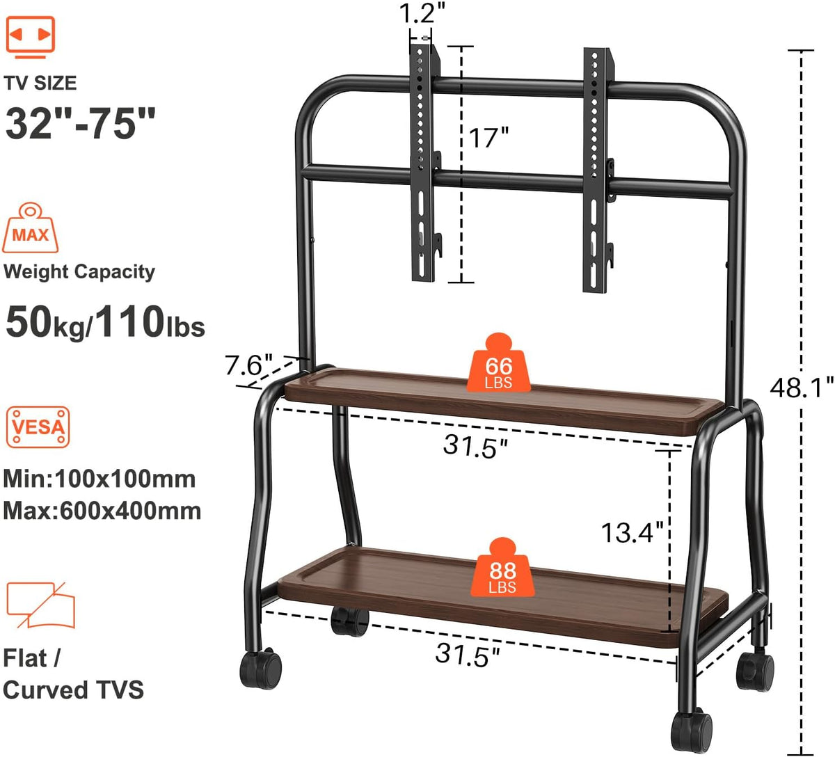 Easel Rolling TV Stand on Wheels for 32-75 Inch TVs with Double Shelves