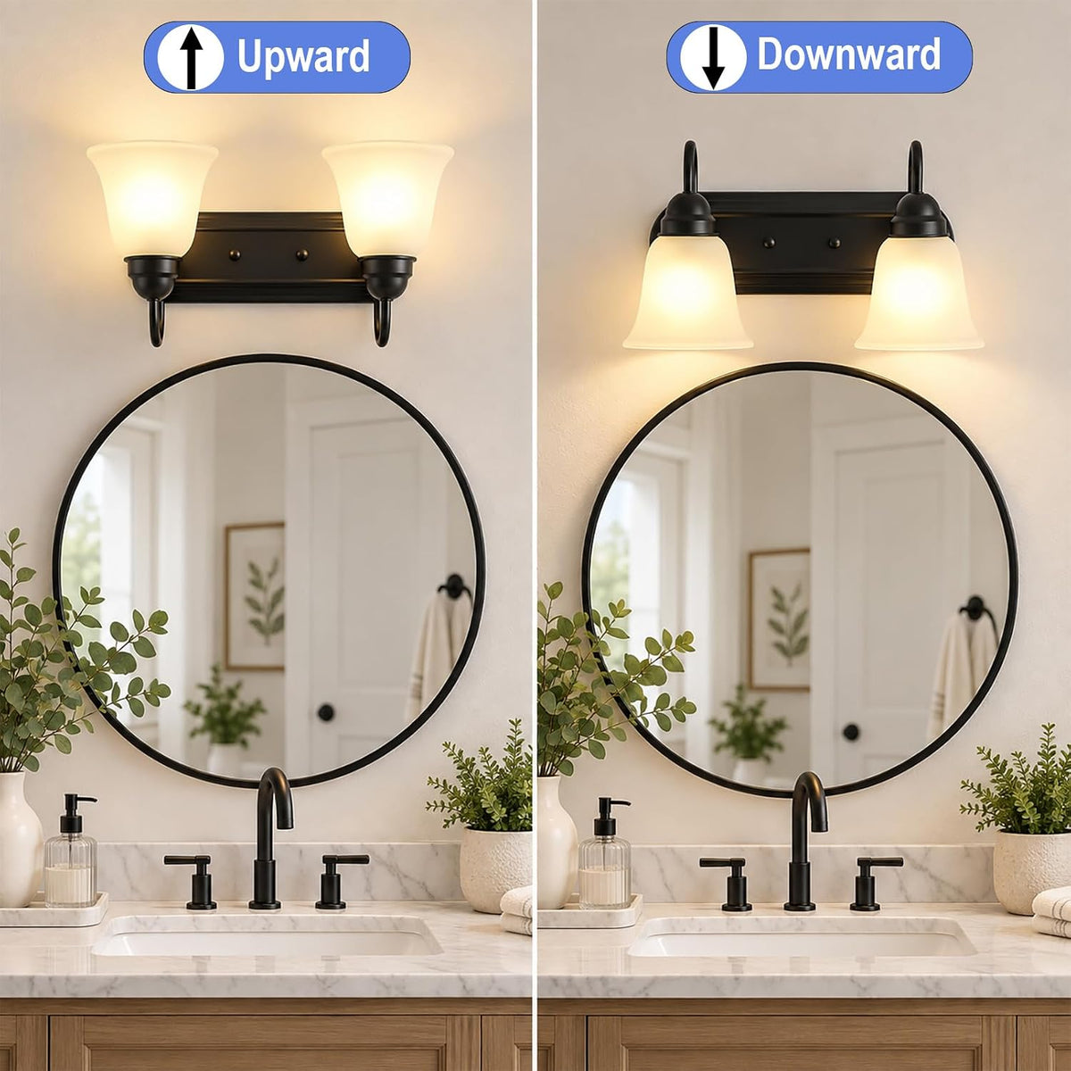 2-Light Bathroom Vanity Light, Black Wall Light with Frosted Glass Shades