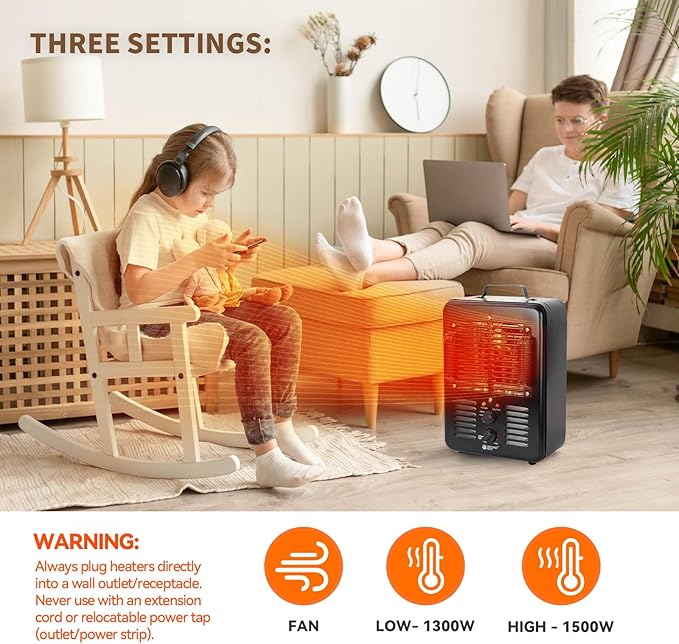 Milkhouse Space Heater, 1300W/1500W Electric Heater (2 Packs)