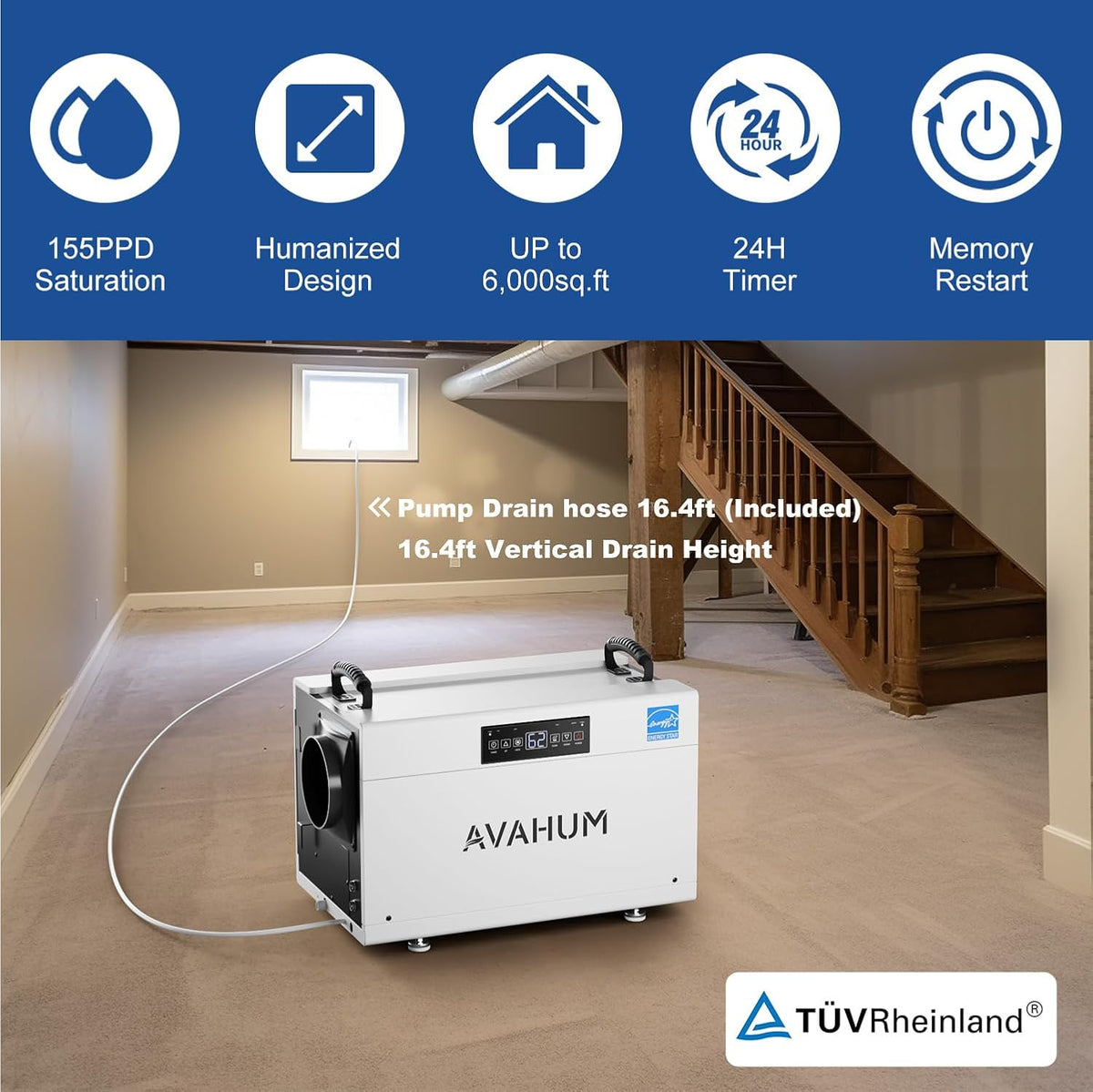 155 Pint Crawl Space Dehumidifier with Pump Built-In & Drain Hose