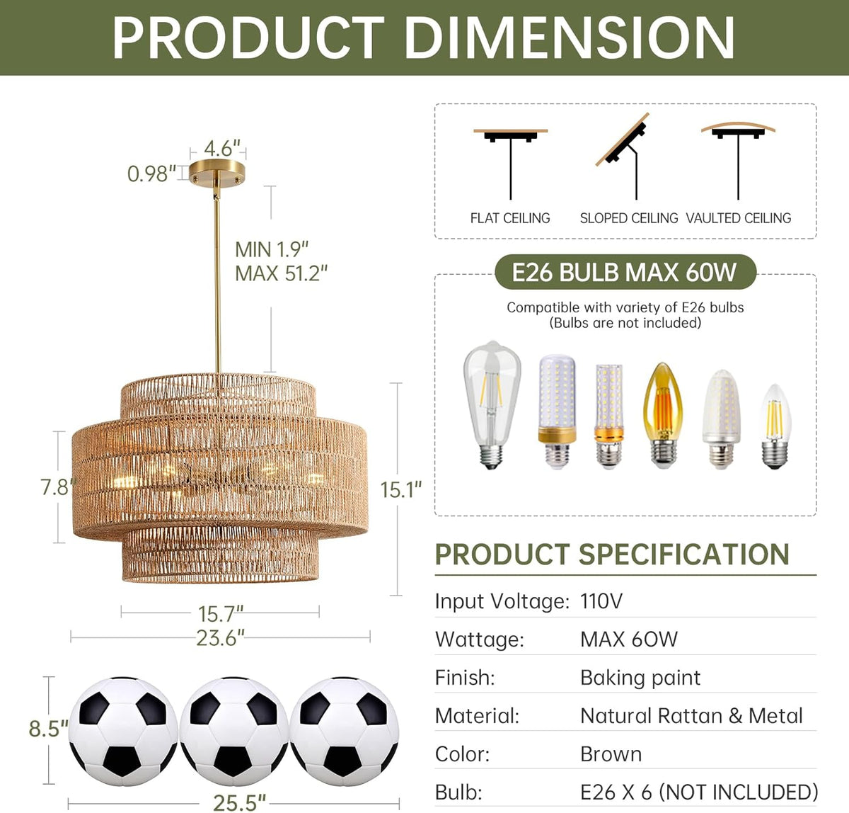 24" Rattan Chandelier for Dining Room, Large Boho Pendant Light