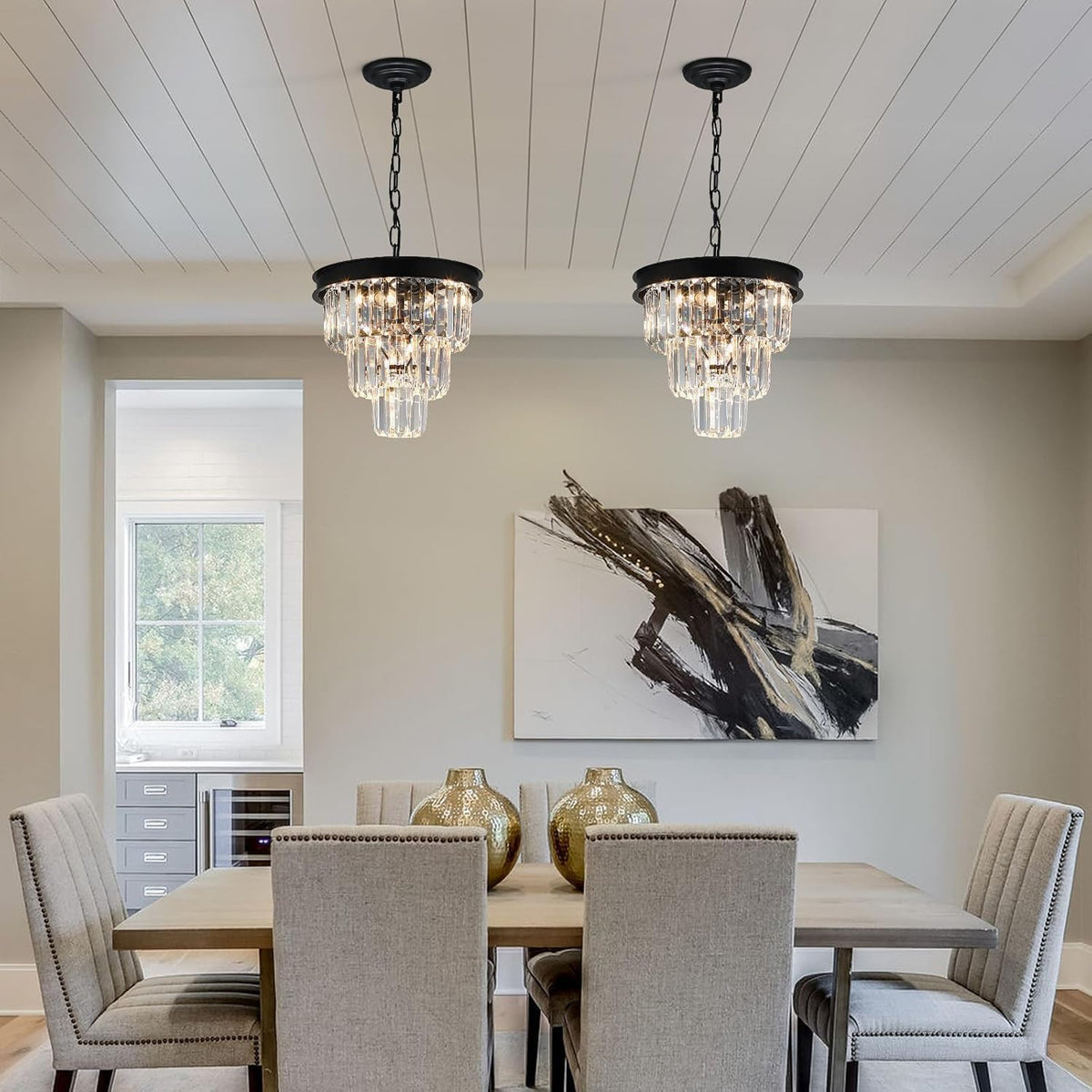 Weesalife Black Crystal Chandeliers for Dining Room，4-Lights D12 Inch
