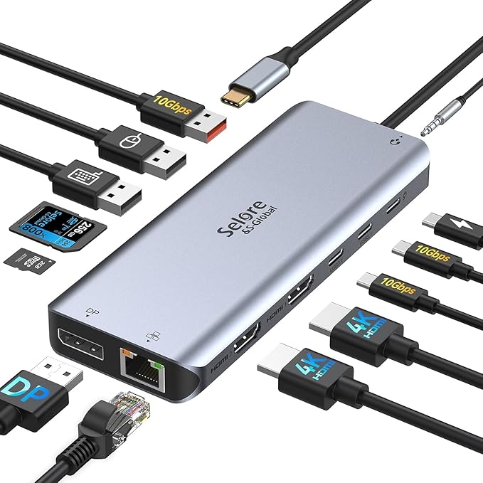 USB C Docking Station Dual Monitor, Selore 13-in-1 Triple Monitor