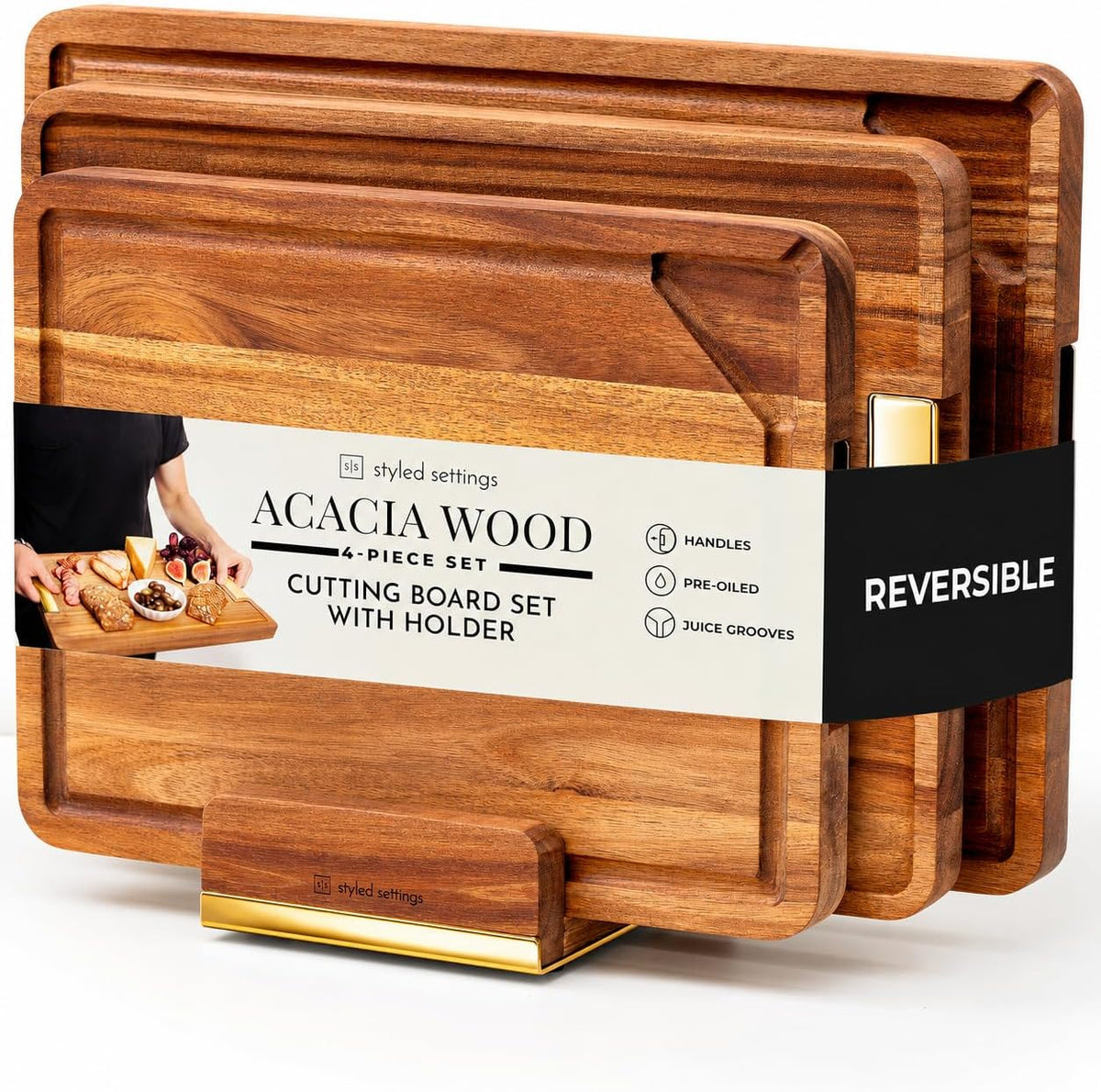 Styled Settings Wooden Cutting Board Set with Holder, 4-Piece, Gold