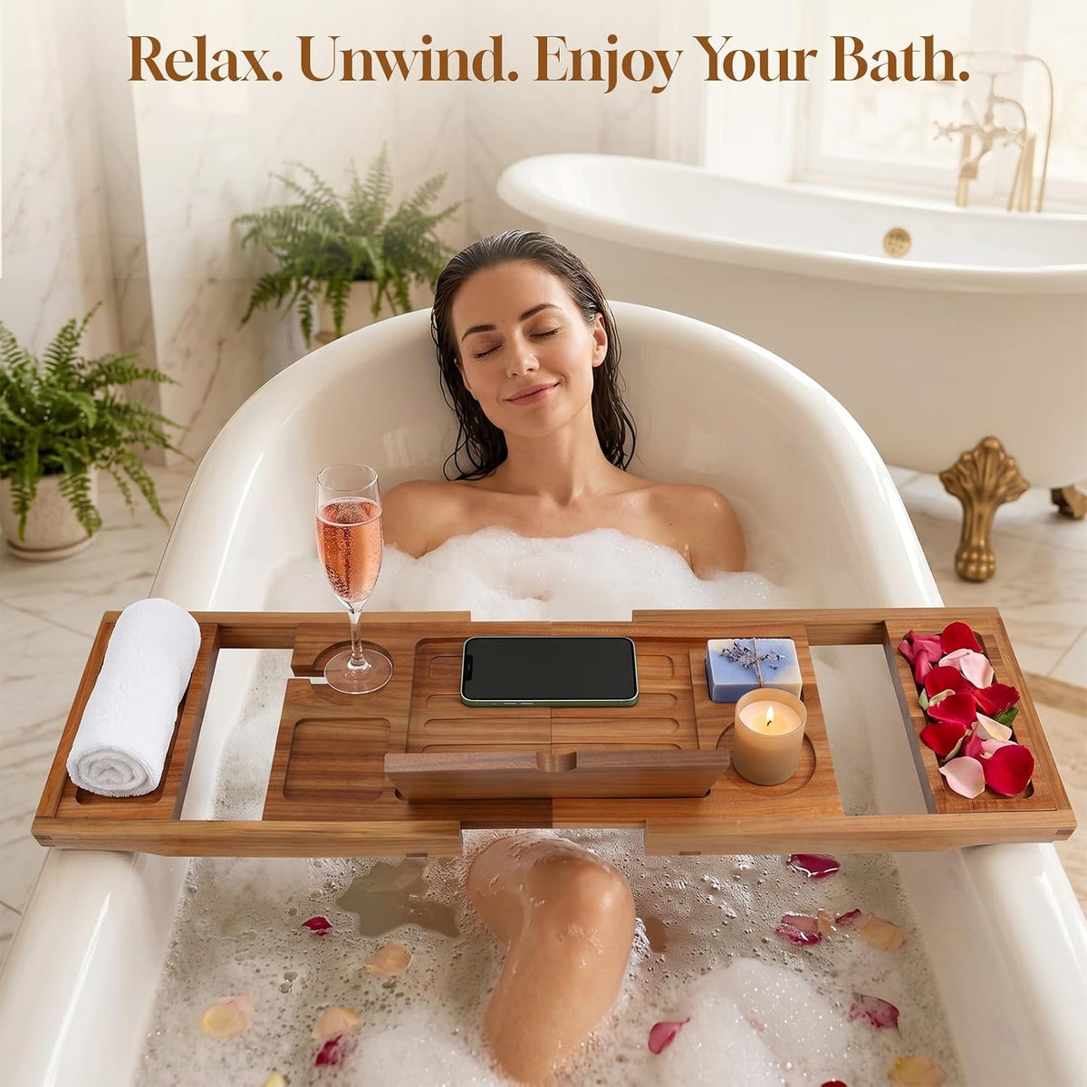 Acacia Bathtub Tray, Foldable & Extendable Bath Caddy with Non-Slip Desig...