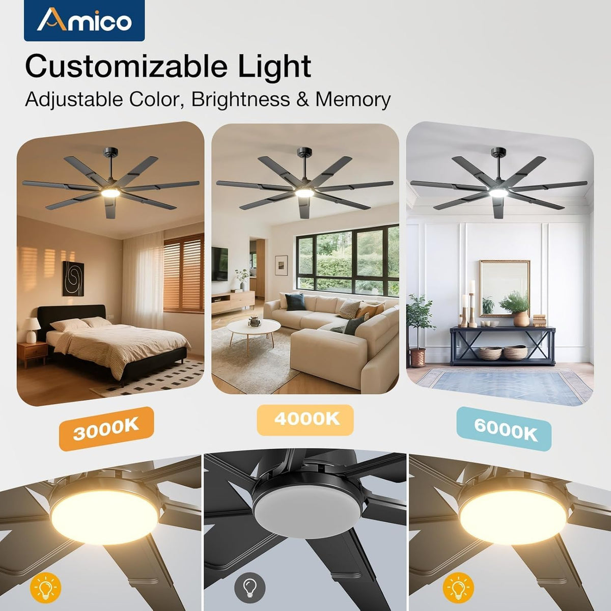 Amico 66 Inch Ceiling Fans with Lights and Remote, Black