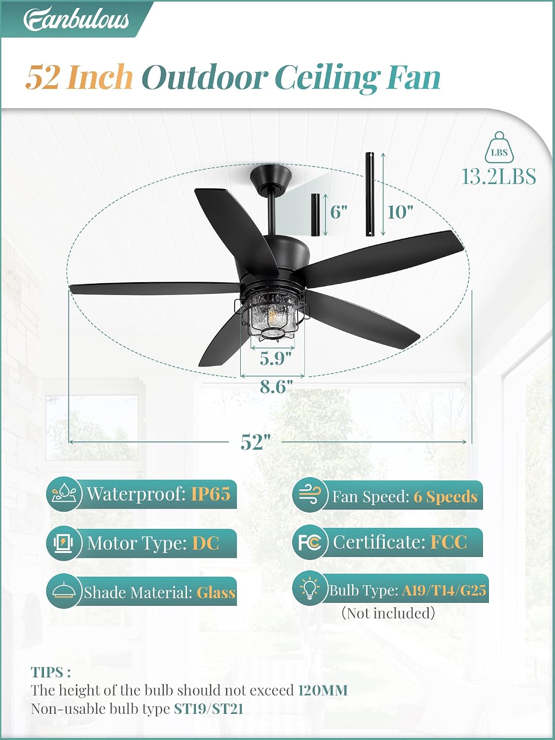 Fanbulous 52" Outdoor Ceiling Fans with Lights and Remote IP65 Waterproof